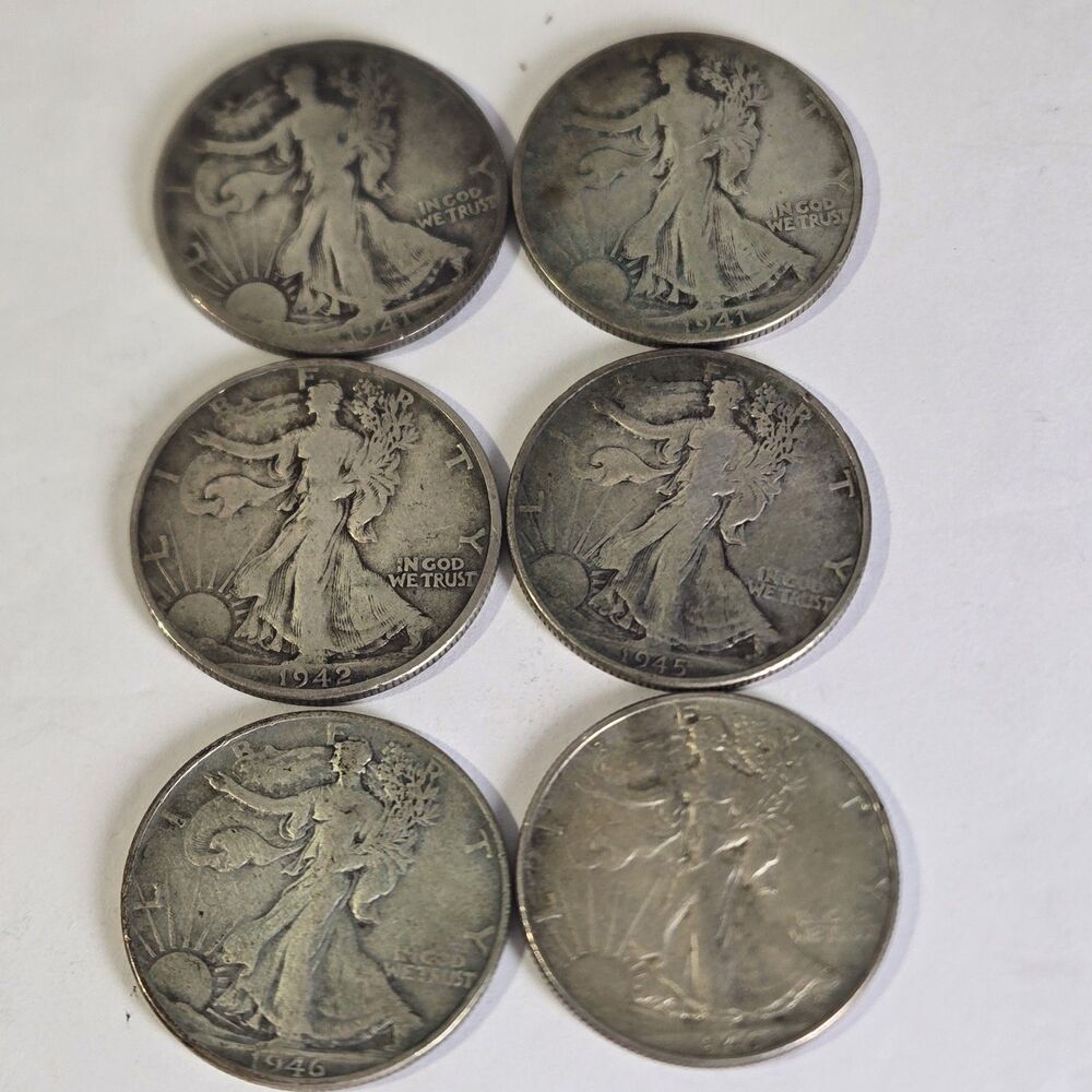 6 Walking Liberty Half Dollars 1941 1942 1945 1946 90% Silver Coin Lot